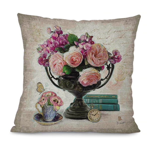 Buy Online Linen Blend Vintage Flower Vase Scatter Cushion Cover